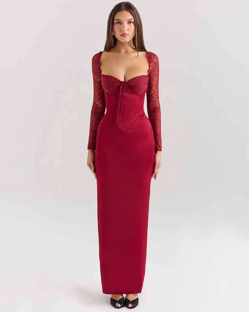 ISABELLA: Elegante Vestido Burdeos con Mangas Largas y Escote Cuadrado