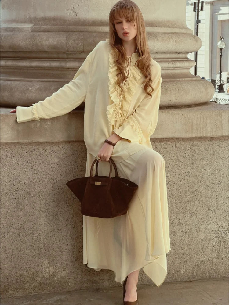 Conjunto MAEVA - Conjunto bohemio de blusa con volantes y falda