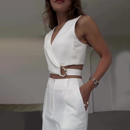 Conjunto Celina - Elegante de dos piezas con corte cruzado y pantalón recto