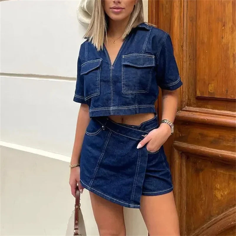 Conjunto Denim Celeste – Camisa Corta y Falda de Mezclilla