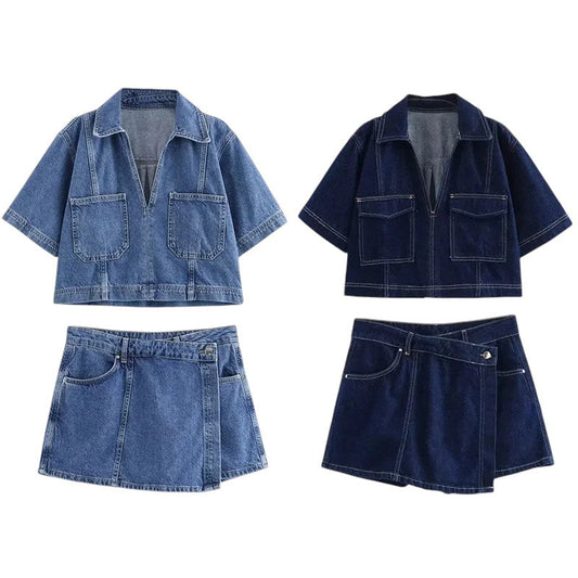 Conjunto Denim Celeste – Camisa Corta y Falda de Mezclilla