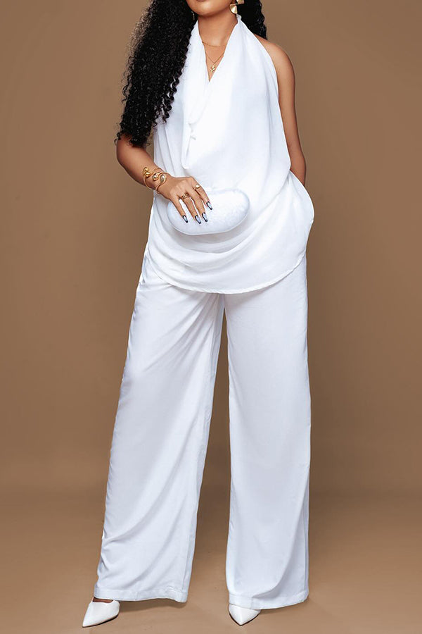 Set de Top Halter con Cuello Drapeado y Pantalones Sueltos